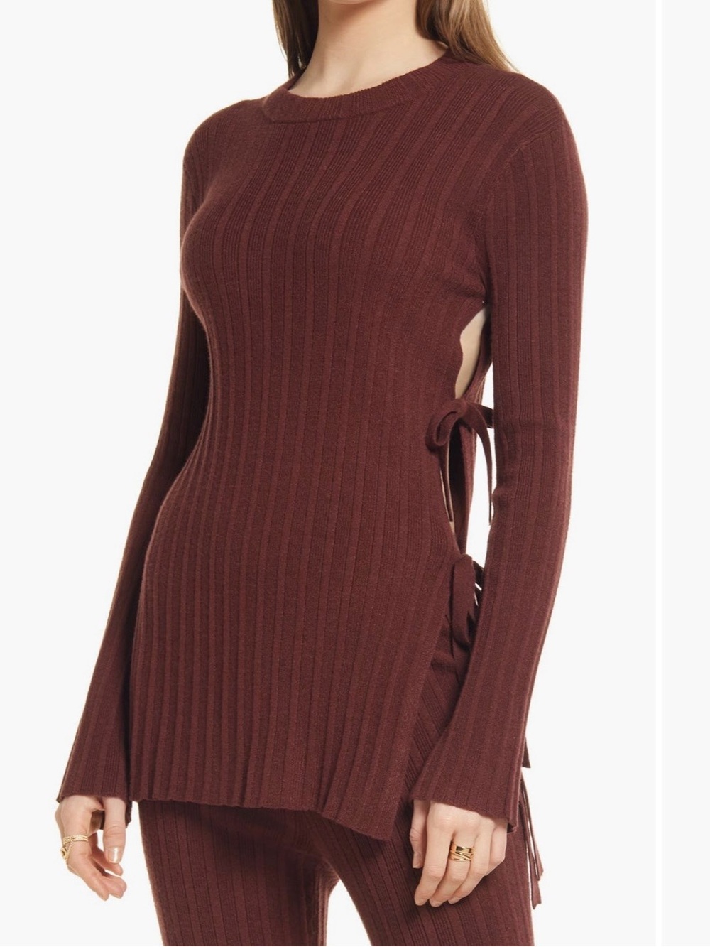Open Edit Ribbed Side-Tie Sweater Top in Deep Burgundy
